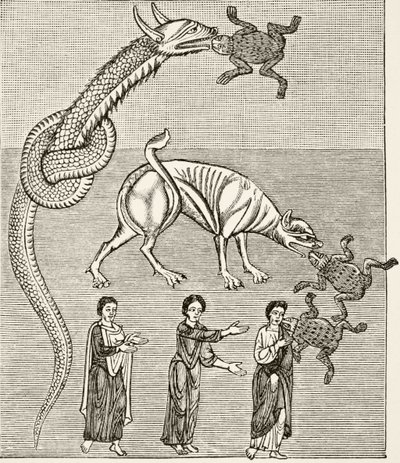 The serpent, or the dragon, and the behemoth, or the devil, after a miniature in a 12th century manuscript of the 